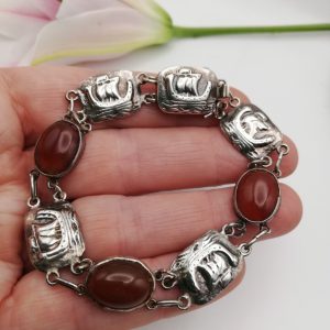 Rare, English c1900 Arts and Crafts hand-crafted silver galleon bracelet with carnelian
