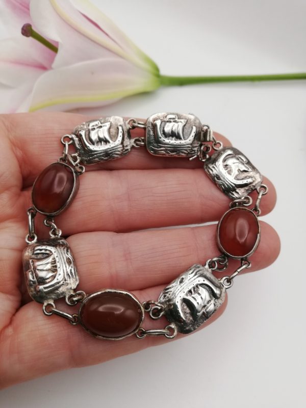 Rare, English c1900 Arts and Crafts hand-crafted silver galleon bracelet with carnelian