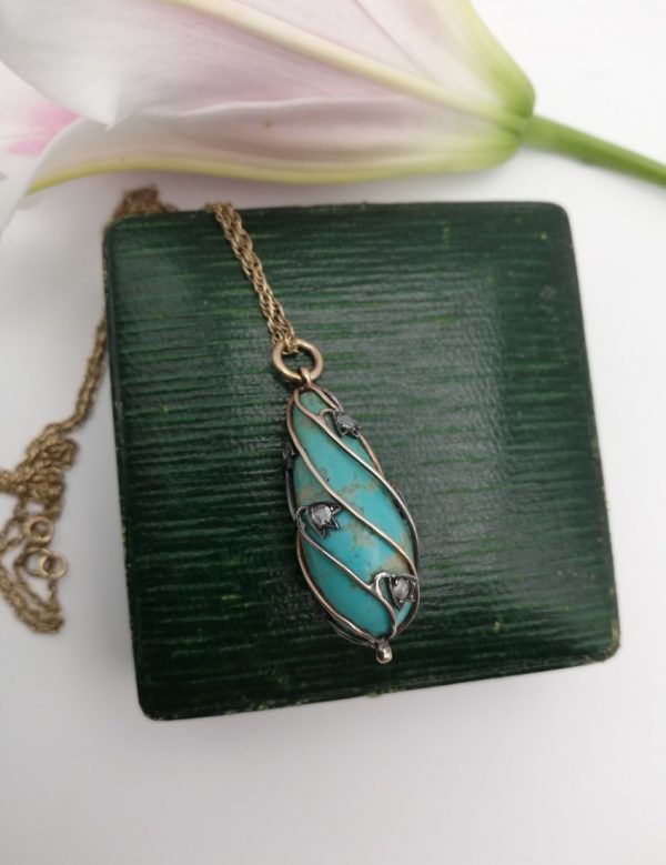1800s Victorian fabulous teardrop caged turquoise in 15ct gold with 9 old cut rose diamonds