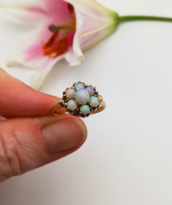 Vintage Victorian revival 9ct gold and opal daisy flower ring with lively opals and UK hallmarks