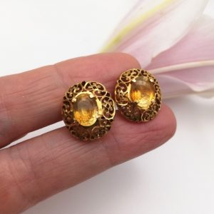 Vintage Victorian style high carat gilded silver openwork earrings with citrine