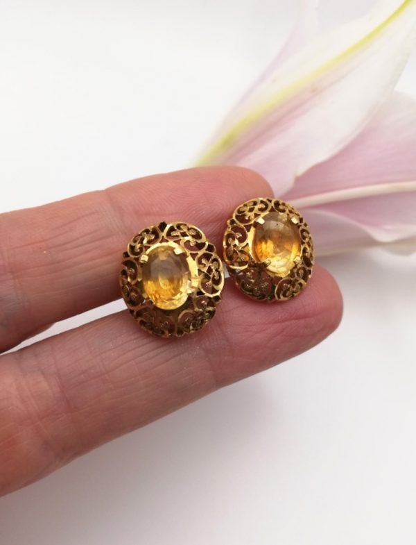 Vintage Victorian style high carat gilded silver openwork earrings with citrine