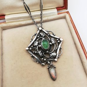 Superlative c1900 Arts and Crafts pendant hand-crafted in gold and silver with opal and green tourmaline