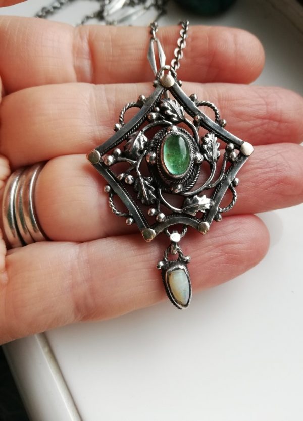 Superlative c1900 Arts and Crafts pendant hand-crafted in gold and silver with opal and green tourmaline