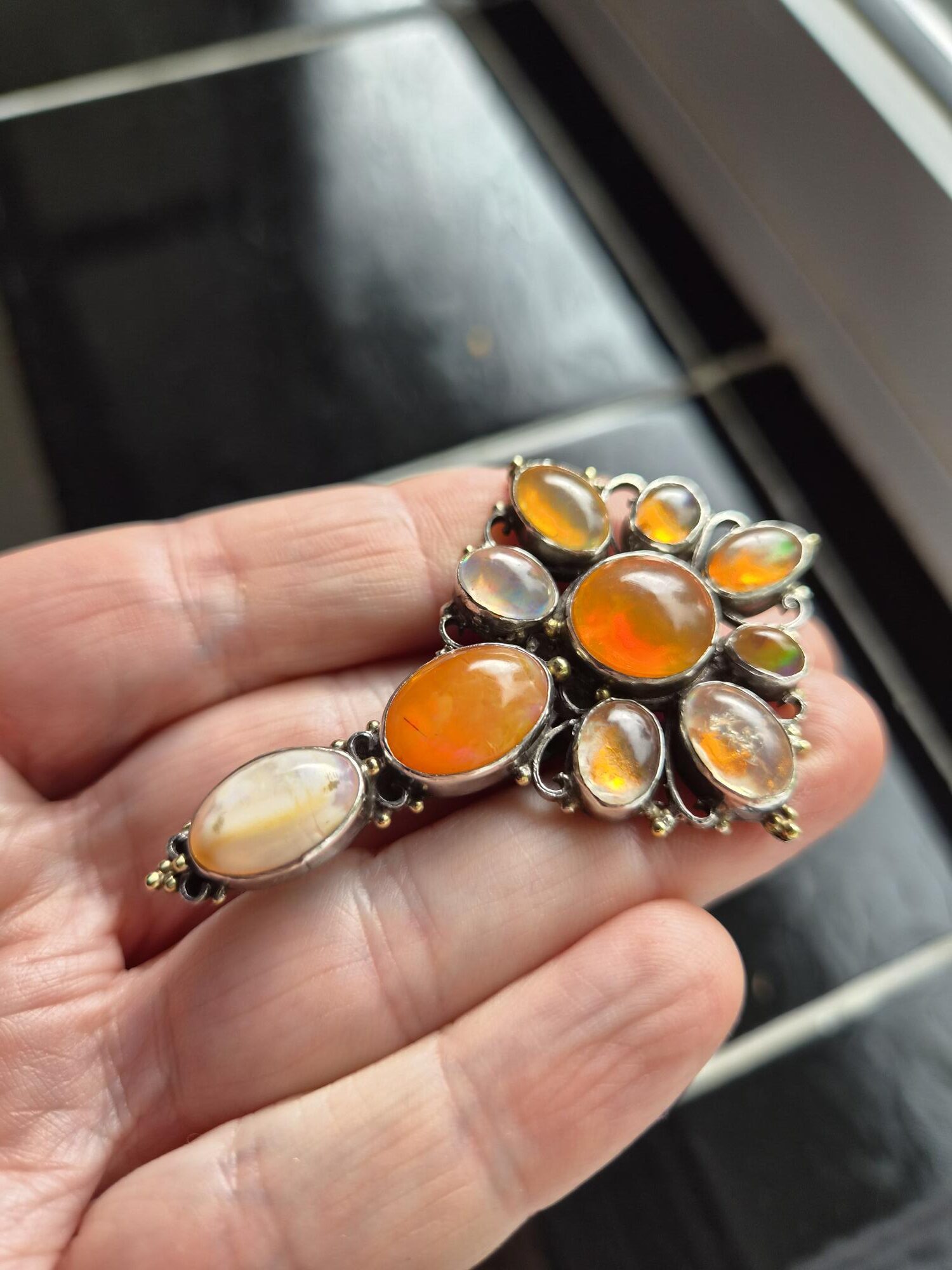 c1900 antique Arts and Crafts clip in silver, gold and delicious foiled opals attr the Guild of Handicrafts