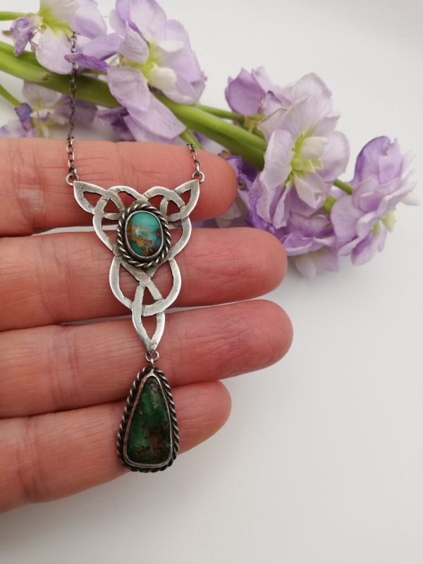 Antique hand wrought Arts and Crafts Celtic design necklace in silver with turquoise