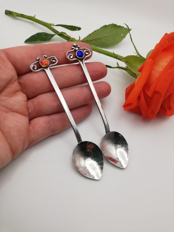 Pair of hand-wrought antique Arts and crafts coffee spoons in sterling silver with enamel