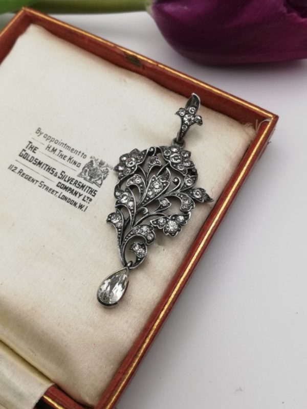 Beautiful Belle Epoque silver and diamond pastes drop pendant with original matching bale
