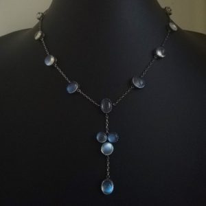 c1900 Arts and Crafts rare design Ceylon blue moonstones and silver drop necklace