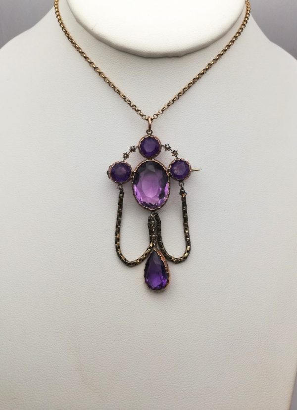 Wonderful early Victorian 9ct gold amethyst and pearl demi-parure -drop pendant and drop earrings