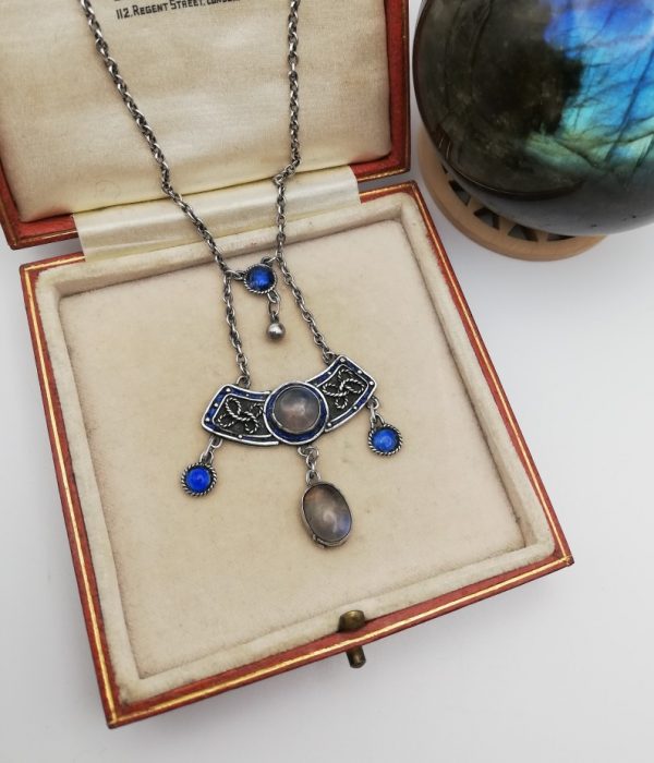 Fabulous c1900 Arts and Crafts necklace hand crafted in silver with blue enamel and Ceylon moonstones