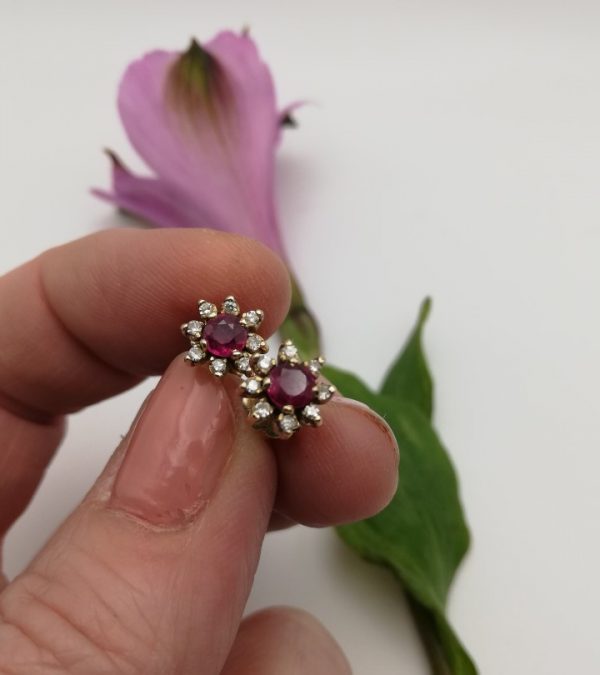 Vintage 14ct yellow gold and ruby cluster earrings with hand crafted flower backs