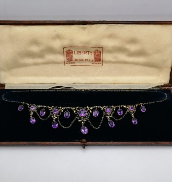 Important Liberty & Co 18ct gold and amethysts festoon necklace with original fitted leather box