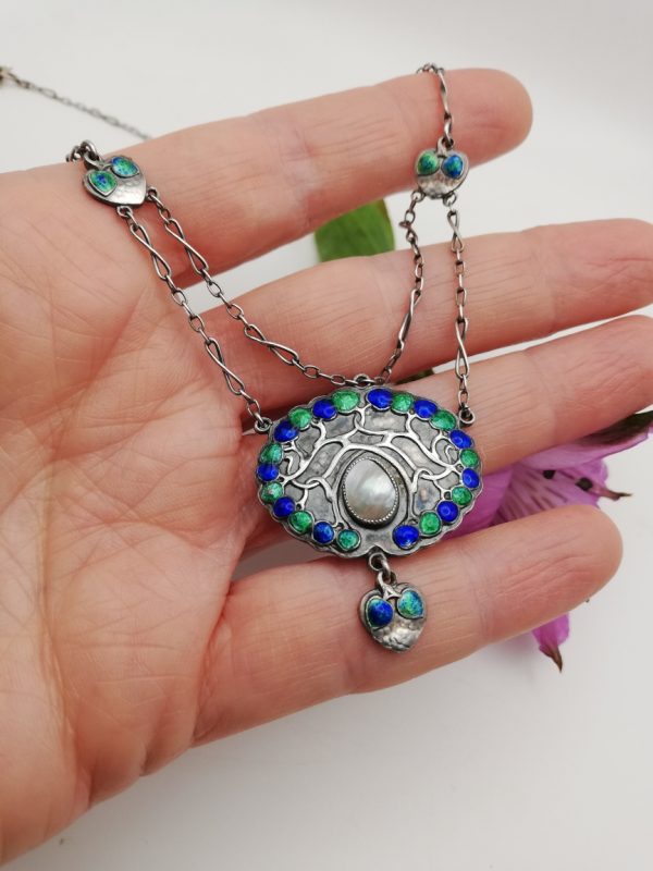 Beyond rare Murrle Bennett c1900 Art Nouveau silver and enamel necklace with "Tree of Life" design
