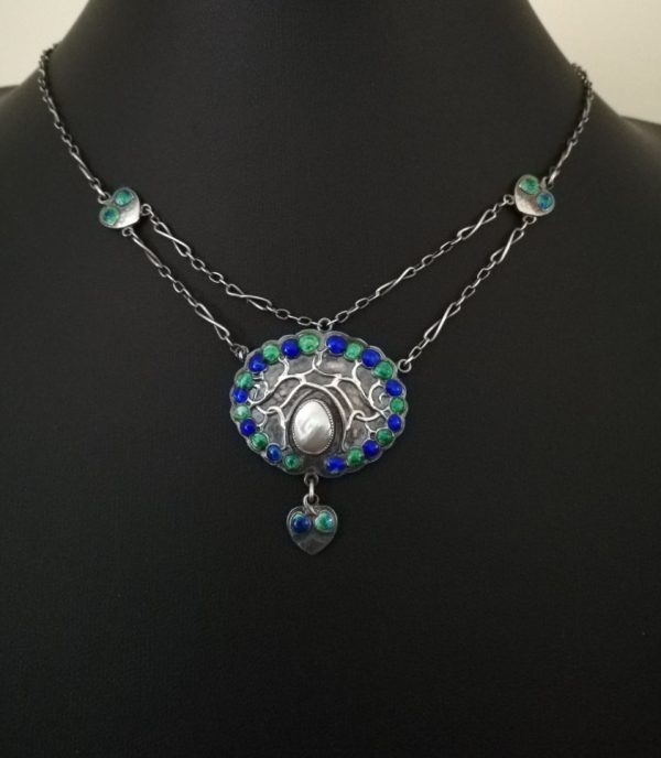 Beyond rare Murrle Bennett c1900 Art Nouveau silver and enamel necklace with "Tree of Life" design