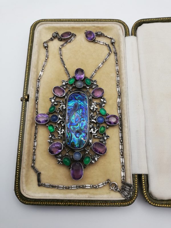 Amy Sandheim c1930 impressive Arts and Crafts pendant necklace with abalone, amethyst and other gems