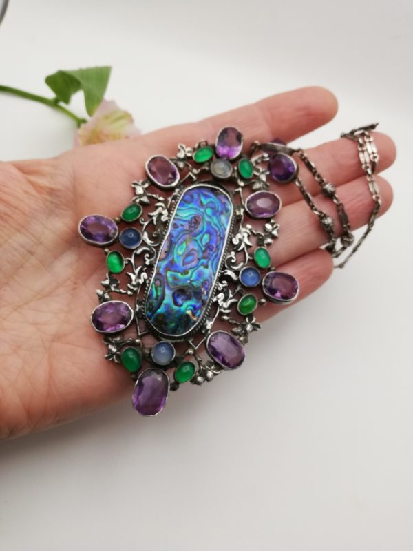 Amy Sandheim c1930 impressive Arts and Crafts pendant necklace with abalone, amethyst and other gems