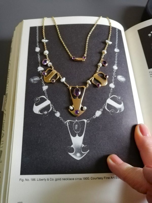Important Archibald Knox Cymric necklace for Liberty & Co c1900 crafted in gold with amethysts and pearls