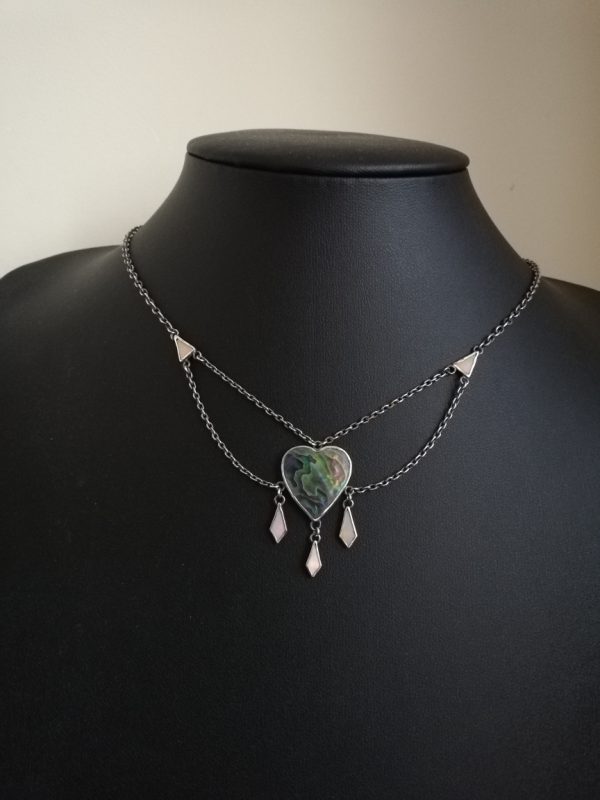 c1900 English Arts and Crafts hand crafted silver and abalone heart necklace
