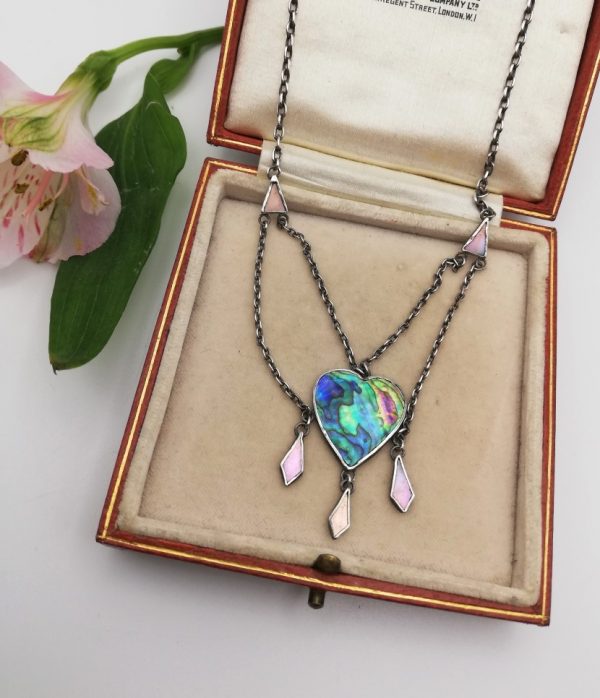 c1900 English Arts and Crafts hand crafted silver and abalone heart necklace