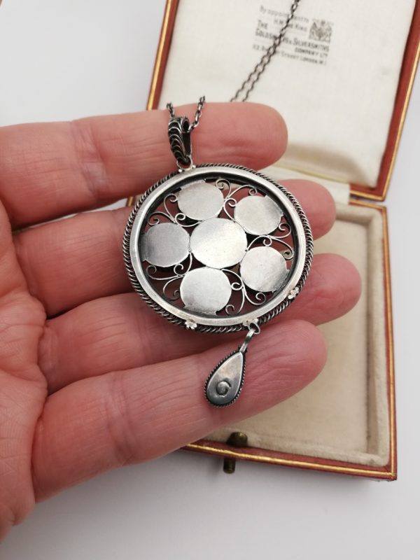 Arthur and Georgie Gaskin super rare signed Arts and Crafts pendant in silver with moonstones and mother of pearl