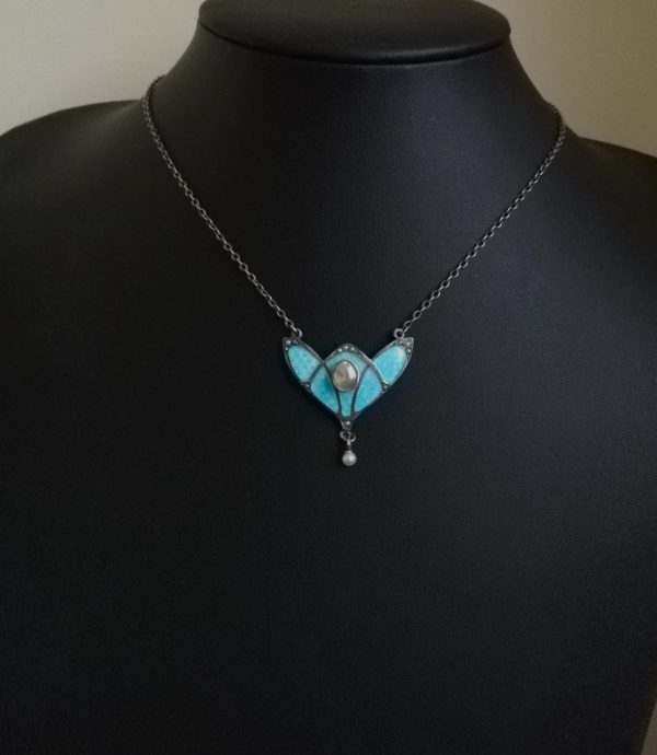 Antique Art Nouveau light blue guilloche enamel silver and pearl pendant necklace