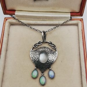 Scarce Murrle Bennett c1900 signed silver opals and moonstone pendant with original hand-crafted chain