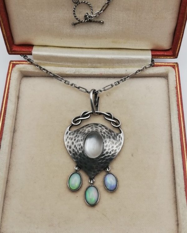 Scarce Murrle Bennett c1900 signed silver opals and moonstone pendant with original hand-crafted chain
