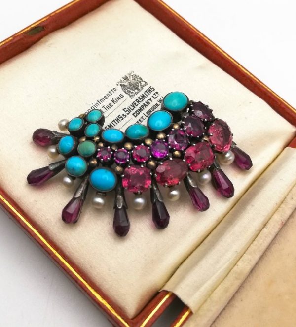 Dorrie Nossiter c1930 Arts and Crafts 'wing' brooch with pink tourmaline, garnet, pearl and turquoise