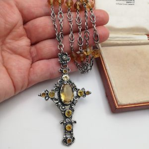 c1900 Arts and Crafts beautiful silver cruciform pendant with citrine and matching hand-crafted chain