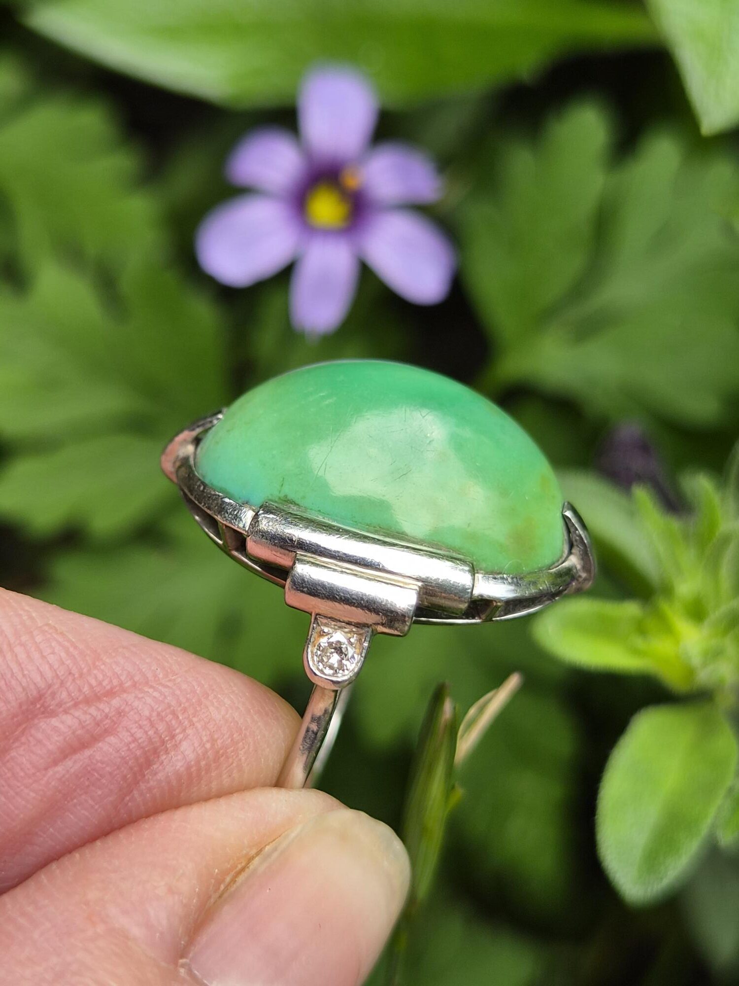 Antique Art Deco 1920s hand crafted platinum diamond and turquoise aeronautical design ring - Image 2