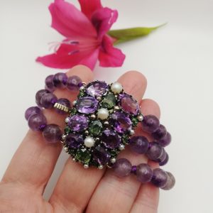 Sumptuous Dorrie Nossiter Arts and Crafts bracelet in suffragette colours with amethyst beads