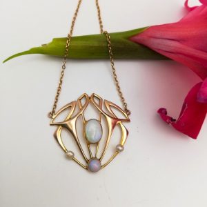 Antique Art Nouveau c1900 9ct gold, opals, pearls open work pendant necklace