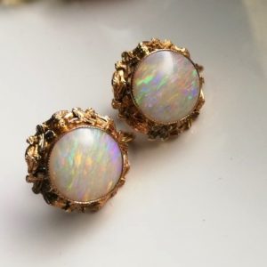 Rhoda Wager attr 9ct gold and colourful opals c1930 Arts and Crafts earrings
