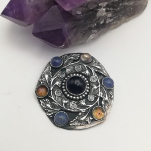 Sibyl Dunlop signed 1926 Arts and Crafts brooch in silver with amethyst, blue chalcedonies and quartz