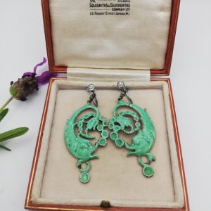 Signed rare Bernard Instone Victorian design enamel dolphin drop earrings