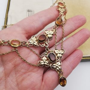 Antique Arts and Crafts festoon necklace in silver gilt with citrines