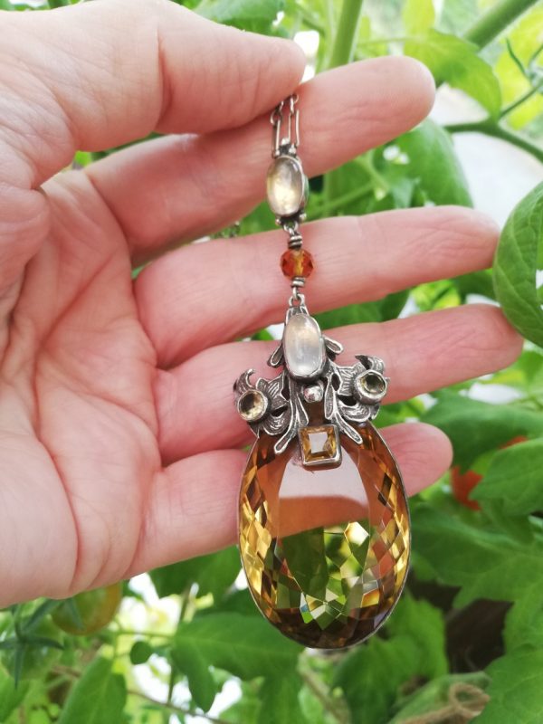 Amy Sandheim antique Arts and Crafts lilies citrine and moonstone statement pendant