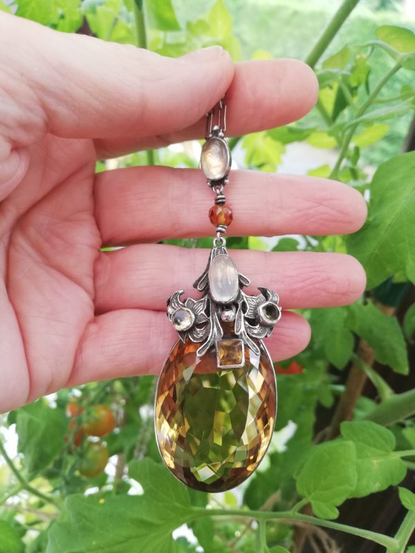 Amy Sandheim antique Arts and Crafts lilies citrine and moonstone statement pendant