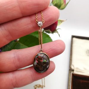 Classic Edwardian Boulder opal and diamond lavalier necklace in 9ct gold c1910