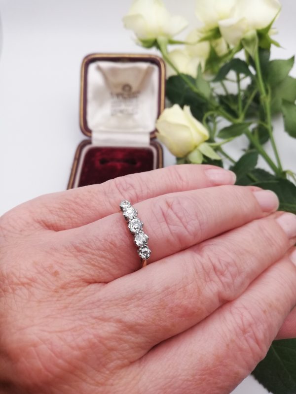 Edwardian c1910 English 18ct gold 5 diamonds ring for engagement or eternity