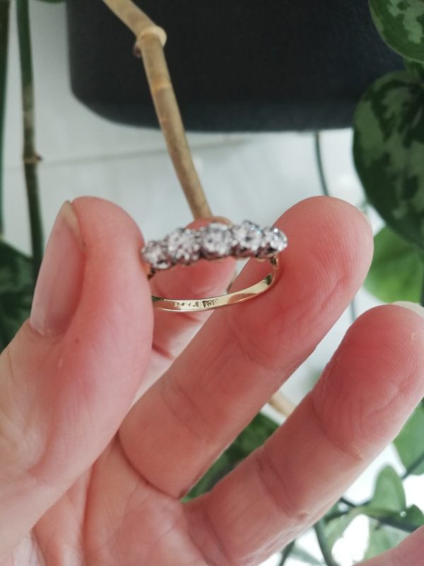 Edwardian c1910 English 18ct gold 5 diamonds ring for engagement or eternity