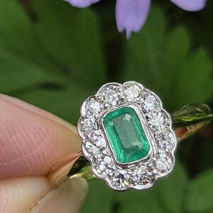 Antique, beautiful 18ct gold and platinum emerald and diamond cluster ring