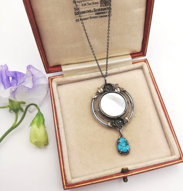 Antique c1900 English Arts and Crafts pendant necklace with original toggle clasp chain