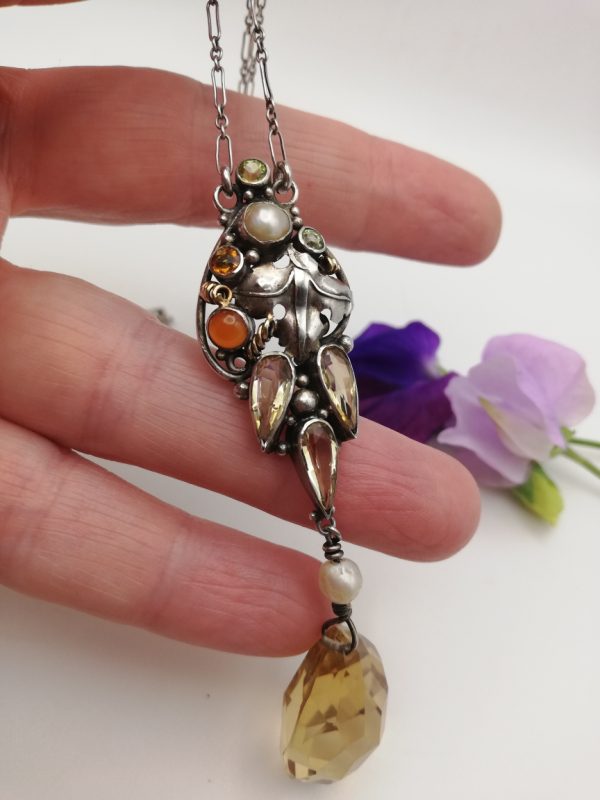 Gorgeous Dorrie Nossiter Arts and Crafts citrine drop pendant necklace c1930