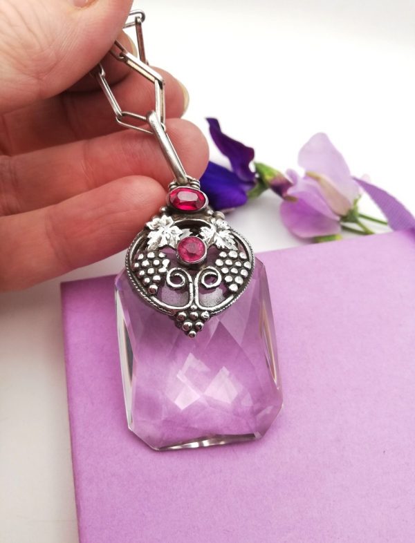Amy Sandheim c1930 Arts and Crafts wonderful rock crystal and pink stones pendant with sautoir chain
