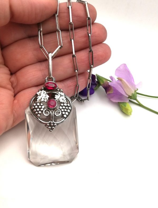 Amy Sandheim c1930 Arts and Crafts wonderful rock crystal and pink stones pendant with sautoir chain