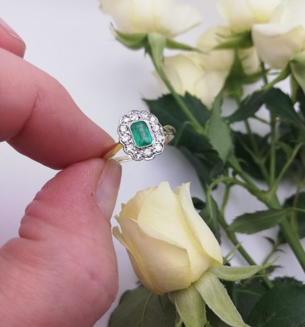 Antique, beautiful 18ct gold and platinum emerald and diamond cluster ring