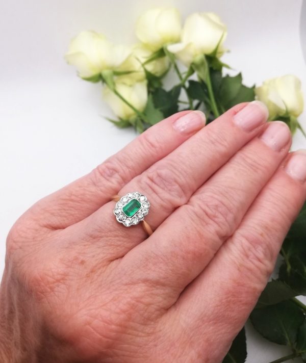 Antique, beautiful 18ct gold and platinum emerald and diamond cluster ring