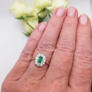 Antique, beautiful 18ct gold and platinum emerald and diamond cluster ring